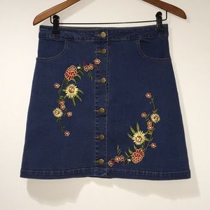 Denim jeans button down embroidered mini skirt